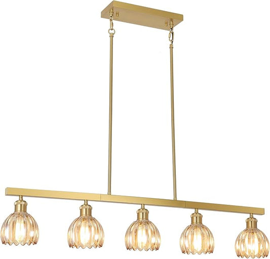 Modern Flower Dining Room Light Fixture, Gold Chandelier for Entryway, 5-Light Kitchen Island Lighting Hanging Pendant Light Fixtures, Glass Chandelier Flower Lamp for Foyer Bedroom Living Room（Amber）