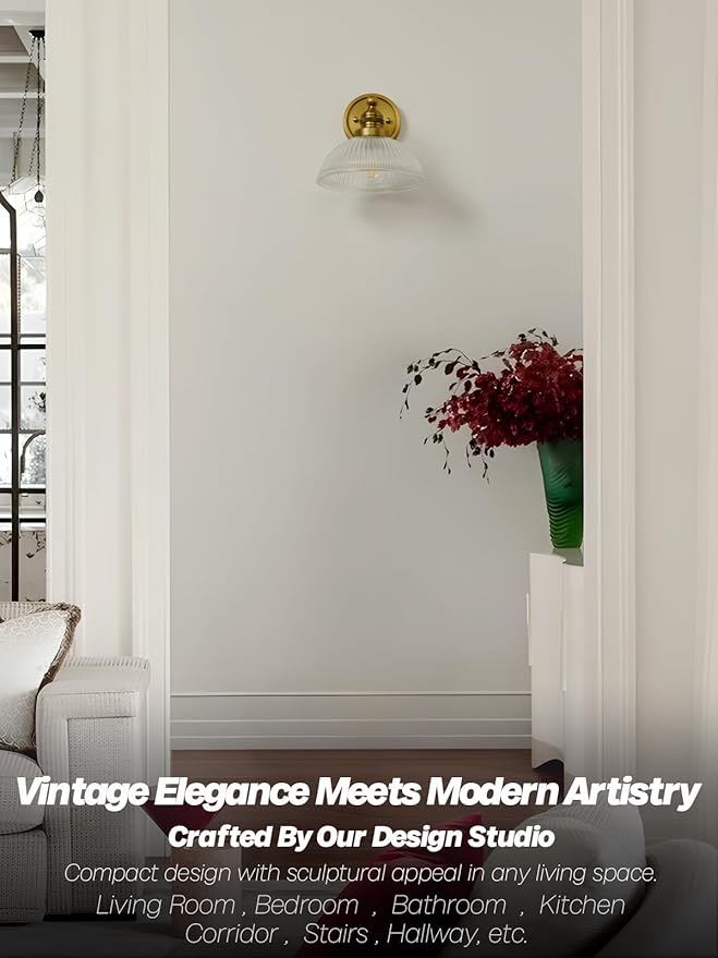 Gold Wall Sconce,Vintage Bathroom Vanity Light with Clear Glass Brass Bathroom Sconces Wall Lighting for Living Room Bedroom Hallway Stairway E26 Hardwire Indoor