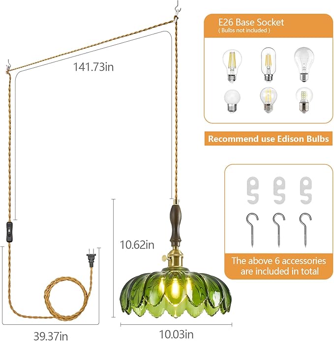 Modern Green Plug in Glass Pendant Light Retro Flower Glass Hanging Lamp Gold Brass Decorative Adjustable Ceiling Hanging Light Suitable for Kitchen Island Bedroom Dining Room Living Room