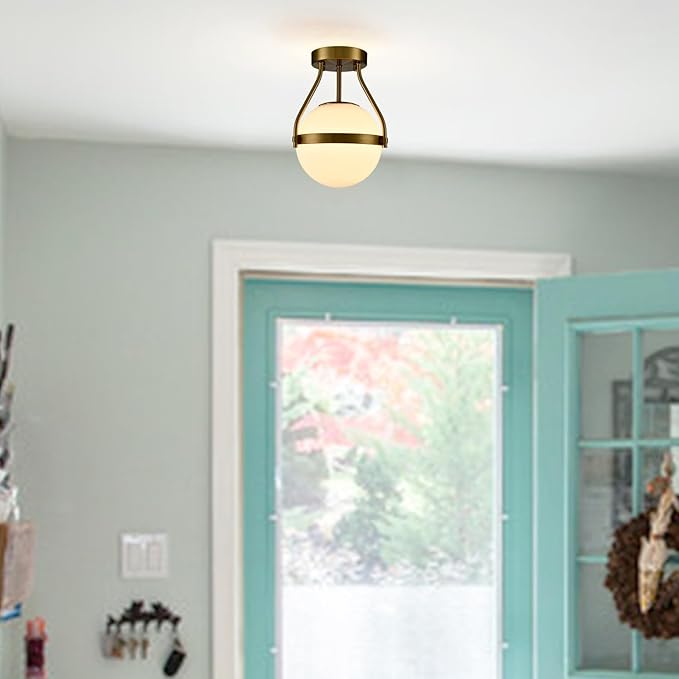HOLKIRT Modern Light Fixture,Mid Century Semi Flush Mount Ceiling Light,Kitchen Light Fixtures Hallway Light Fixtures Ceiling,Brass Globe Ceiling Light Bedroom with Opal Glass 7Inch/18CM