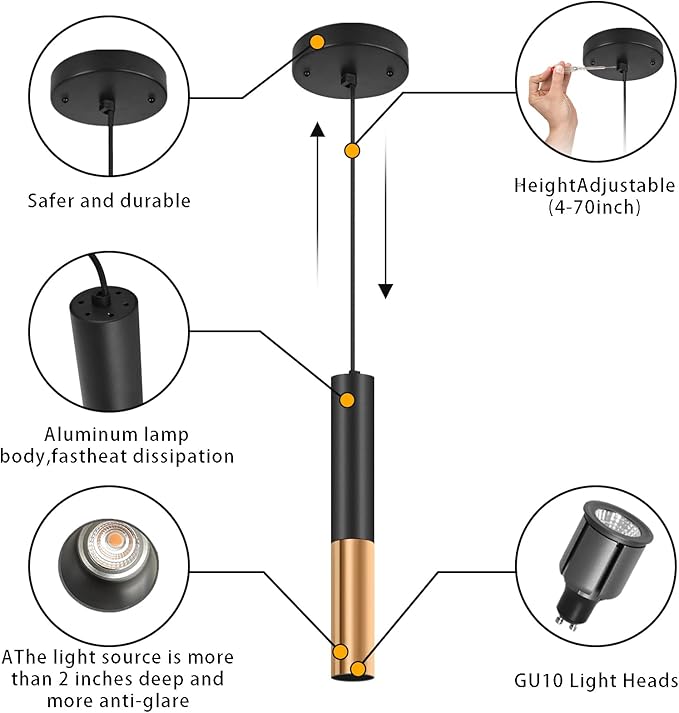 Modern Black and Gold Pendant Light Fixture for Kitchen Island, 1-Light Pendant Lighting with GU10 LED Bulb Ceiling Hanging Lights Cord Adjustable for Living Room Bedroom Dining Room