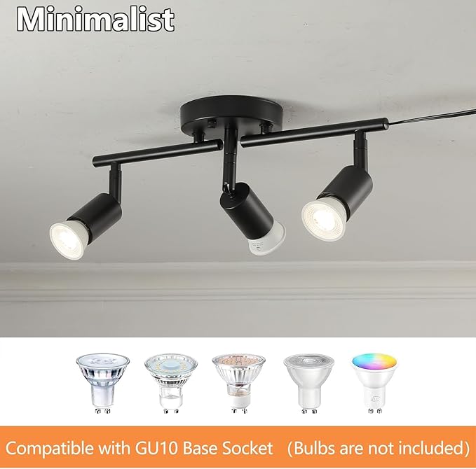 3 Light Black Plug in Track Light White Plug in Ceiling Lighting Fixture with 16.4' Long Cord,3 Way Ceiling Spotlight,Rotatable Wall Mount Light Head