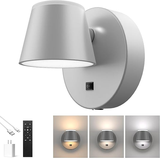 URSOLA Battery Operated Wall Sconce with Remote, LED Rechargeable Battery Wall Light with 9000mAh 3CCT and Dimmable Magnetic 360° Rotation Cordless Light for Bedroom（Grey）