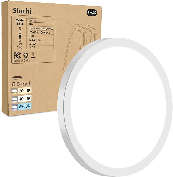 1PACK LED Flush Mount Ceiling Light Fixture, 3000K-4000K-6500K & 100W Equivalent Modern Kitchen Recessed Ceiling Lamp 12W 1200Lm 6.5 Inch Closet Round Surface for Bathroom Laundry Bedroom Hallway
