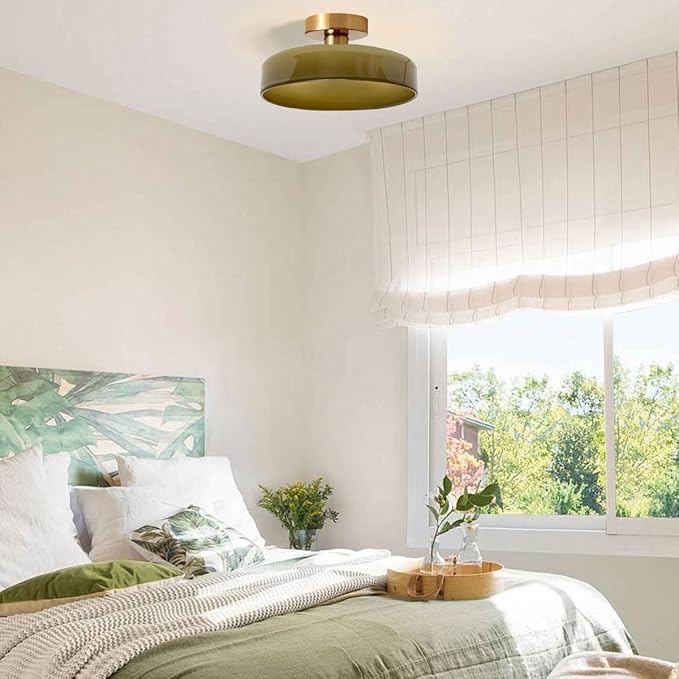 Dome Flush Mount Ceiling Light Mid Century Modern Semi Flush Mount Ceiling Light fixtures with Green Round Glass Shade Brushed Gold Brass Flush Mount Lights for Hallway Dining Room