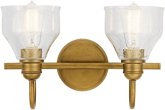 Kichler Avery 15" 2-Light Bathroom Vanity Light Fixture with Clear Seeded Glass in Natural Brass for Industrial Farmhouse Bathroom Over Mirror (8.25" x 15" x 9.5") 45972NBR