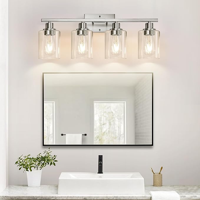 MOKATNG 4-Light Bathroom Light Fixtures, Vanity Light with Clear Glass Shades, Brushed Nickel Bathroom Light Fixtures Over Mirror, Modern Bathroom Wall Lamp for Mirror Living Room Cabinet Bedroom