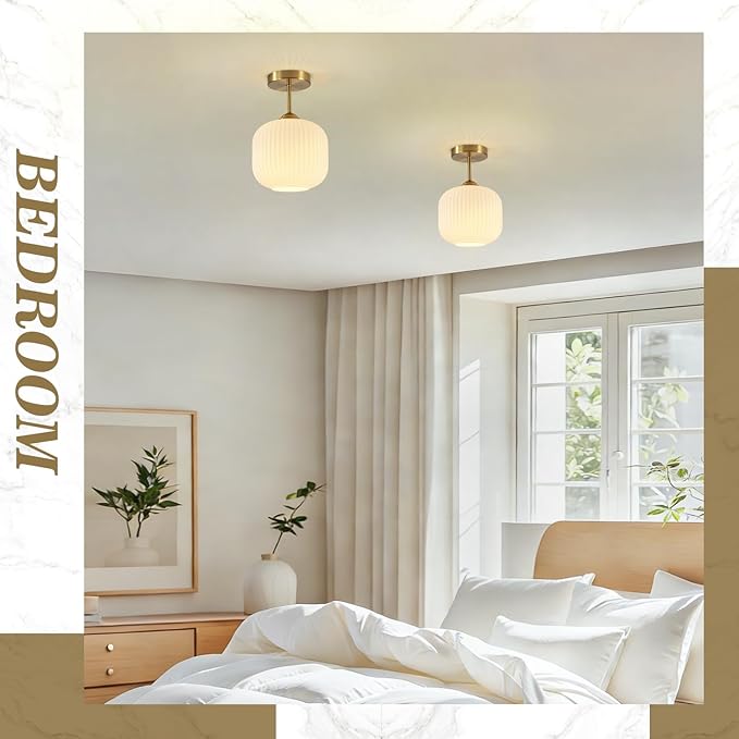 BOKT Vintage Semi Flush Mount Ceiling Light 7.9" Stripe Glass Shade Modern Ceiling Lamp Mid Century Gold Ceiling Light Fixture for Farmhouse, Kitchen Island, Hallway