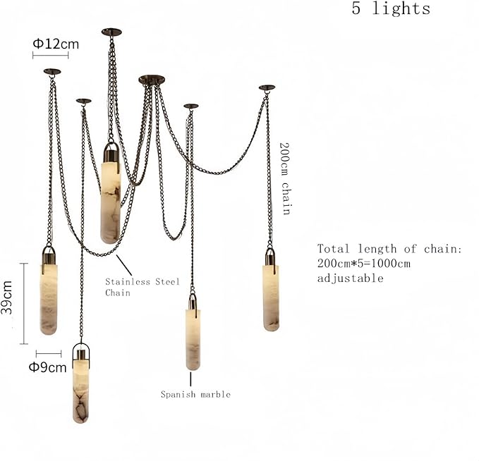 RUIBO Alabaster 5 Light LED Multi-Drop Hanging Pendant Lighting,Cylinder Natural Marble Multi Light Pendant Lights,Living Dining Room Loft Bedroom Modern LED Hanging Lamps(E14)