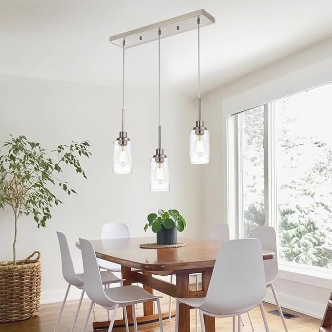 TODOLUZ Industrial Pendant Lighting, 3-Lights Adjustable Height Hanging Light Fixtures with Seeded Glass Shade, Brushed Nickel Kitchen Island Ceiling Light for Living Room Foyer