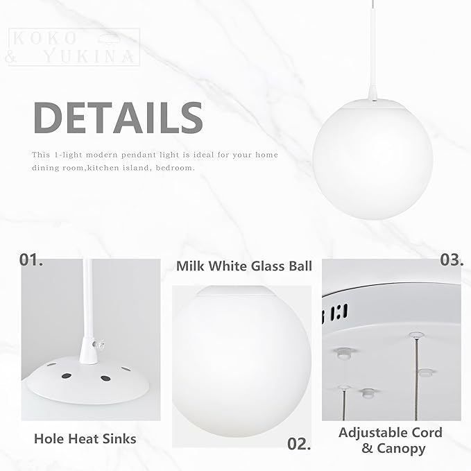 KoKo&Yukina Globe Pendant Light 6 Light White Globe Pendant Lights Kitchen Island Mid Century Light Fixture with Milky White Glass Shade Lights for Staircase