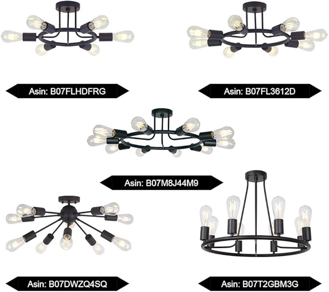 BONLICHT 8 Lights Semi Flush Mount Sputnik Ceiling Light Modern Metal Chandelier Lighting Black Industrial Vintage Sputnik Light Fixtures for Kitchen Island Dining Room Foyer Bedroom