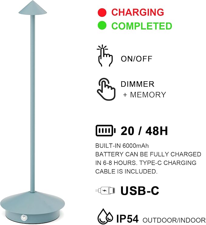 2-Pack 6000mAh Rechargeable Led Table Lamp Cordless,3000K-6000K Stepless Dimming Touch Lamps with Memory Function,IP54 Waterproof Aluminum Table Light for Outdoor/Bars/Restaurant/Patio(Blue)