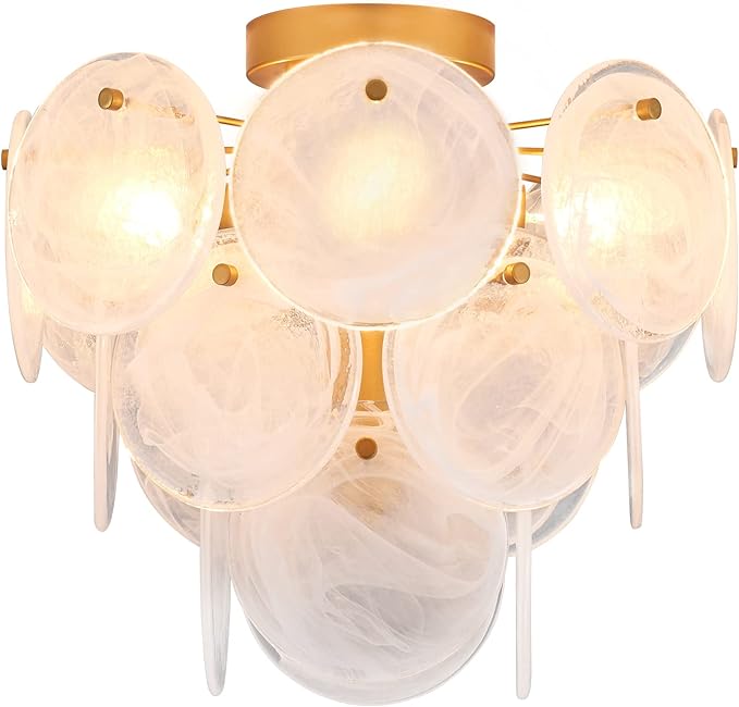 Modern Flush Mount Glass Ceiling Light, Gold Hallway Lights Vintage Chandelier, 4-Light Unique Light Fixture for Bedroom Entryway Loft Kitchen Laundry Bathroom Farmhouse