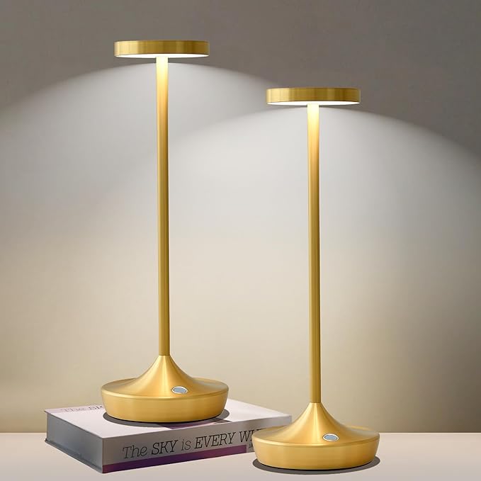 Gold Cordless Table Lamp, Rechargeable 6000mAh Battery LED Desk Lamp, Portable Metal Touch Lamp with 3-Level Dimming, Waterproof Light for Restaurant, Dining Table, Patio, Home Decor (2 Gold)