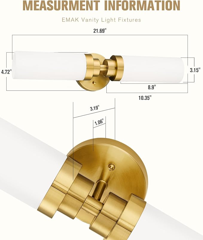 Emak 2 Pack Brushed Gold Bathroom Light Fixtures, 2 Light Bathroom Vanity Light with Milk Glass Shade, 22 Inch Modern Wall Sconce for Bath, Mirror, VL085-BGD-ML-2-PK