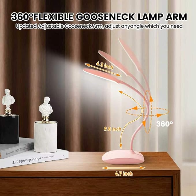 Battery Powered Desk Lamp, Portable Lamps Rechargeable 3 Color Modes Touch Control Stepless Dimming, Wireless Desk Lamp with 2000mAh, Small LED Table Light for Dorm Study Office Bedroom,Pink