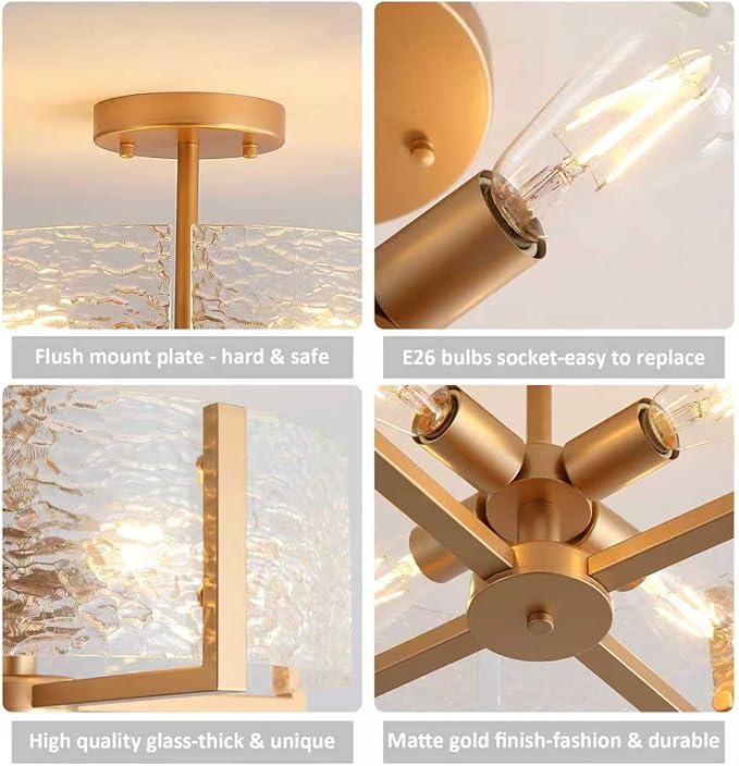 18 inch Large Gold Semi Flush Mount Drum Ceiling Light Fixture, 4-Light Glass Close to Ceiling Lighting Fixtures for Bedroom Hallway Kitchen Foyer Bathroom Closet Entryway Laundry Room