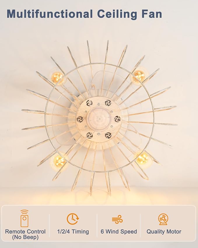 18inch White Gold Caged Ceiling Fan Light,Flush Mount Chandelier Industrial Ceiling Fan,Farmhouse Fan Lights Ceiling Fixtures for Kitchen,Bedroom,Outdoor(6 Speed,Timing with Remote)