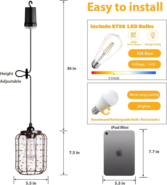 Battery Operated Hanging Outdoor Chandelier, Battery Pendant Light 4 AA Battery-Powered for Gazebo, Pergola, Porch, Patio, Outdoor Decor Lighting