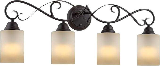 Kira Home Villa 31" Traditional 4-Light Bathroom Vanity Light with Scrollwork Design and Frosted Amber Glass Shades, Oil Rubbed Bronze Finish