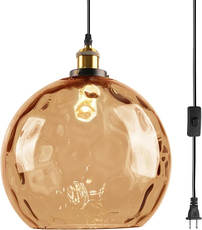 Amber Pendant Lamp Plug in, 13.8" Large Glass Globe Hanging Light Plug in Hanging Lamp with Cord, Vintage Hammered Glass Corded Pendant Light Fixture for Kitchen Dining Room Living Room