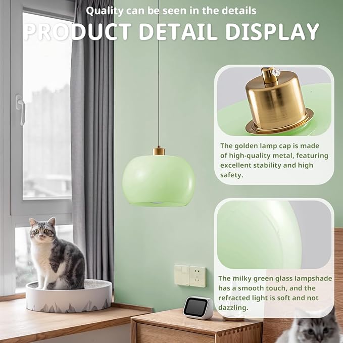 2 Pack Nordic Modern Pendant Lighting, Gold Round Green Glass Hanging Ceiling Light Fixtures for Kitchen Island Dining Room Hallway