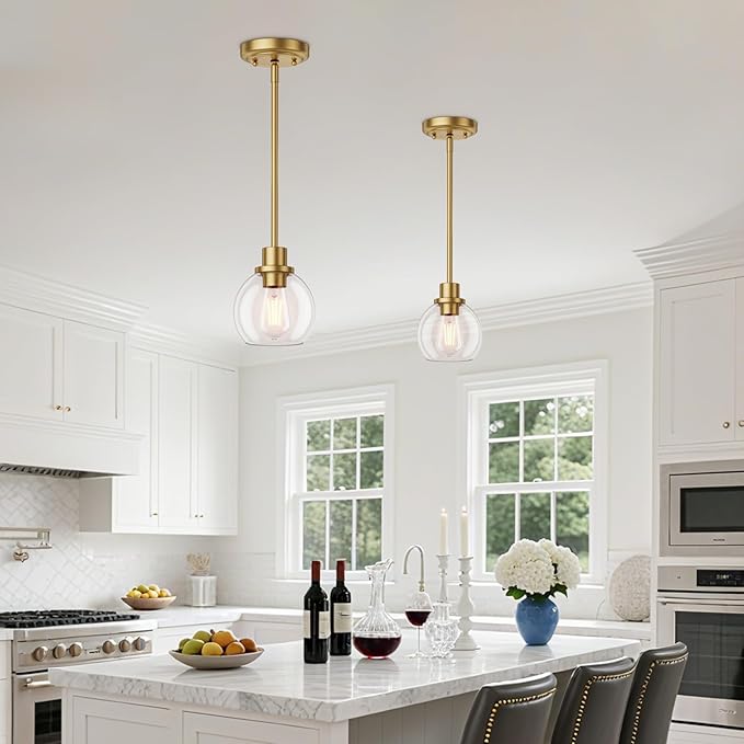 Ralbay Brushed Gold Pendant Light 2-Pack, Farmhouse Pendant Light Fixtures with Globe Clear Glass Shade, Kitchen Island Lighting for Dining Room, Rustic Adjustable Hanging Lighting Fixture