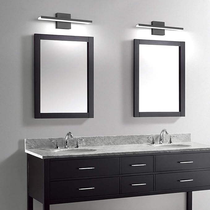 JUSHENG Black Modern LED Bathroom Vanity Light Fixtures, 16 Inch 16W Bathroom Light Fixtures Over Mirror, Wall Light Fixtures Cool White 6000K