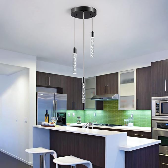3 Black Pendant Lights Kitchen Island Modern with Adjustable Height - Clear Cylinder Island Lights, 3000-6000K Dimmable Kitchen Pendant Lighting for, Dining Room, Bar Counter