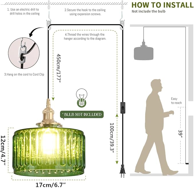 Plug in Pendant Light Green Glass Pendant Lamp Striped Glass Shade Vintage Plug in Ceiling Hanging Lamp 1-Light with Plug in Cord Swag Ceiling Light for Kitchen Island Living Room