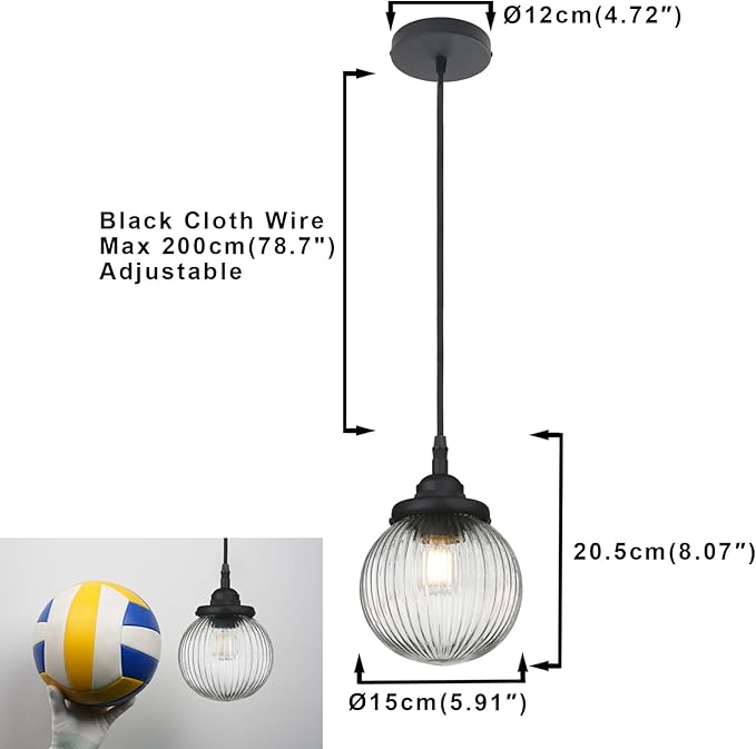 Yosoan 1-Light Vintage Industrial Kitchen Hanging Pendant Light Fixture, Single Hardwired Indoor Vanity Retro Textured Striped Round Glass Shade Small Lamp for Dinning Room Living Room Island(Black)