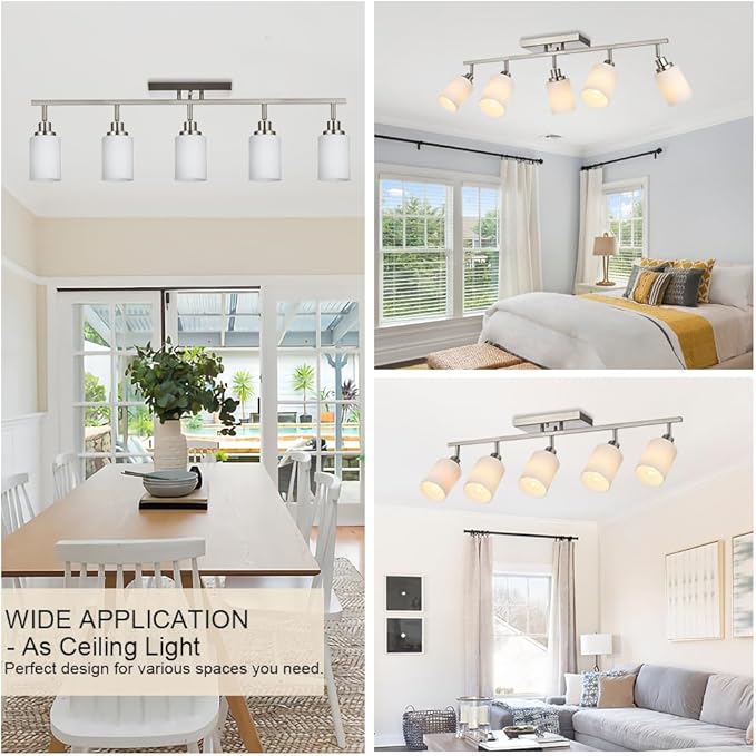 TODOLUZ 5-Lights Complete Track Lighting Kits in Brushed Nickel, Modern Spotlight Ceiling Lighting with Opal White Glass, E26 Bulb Base