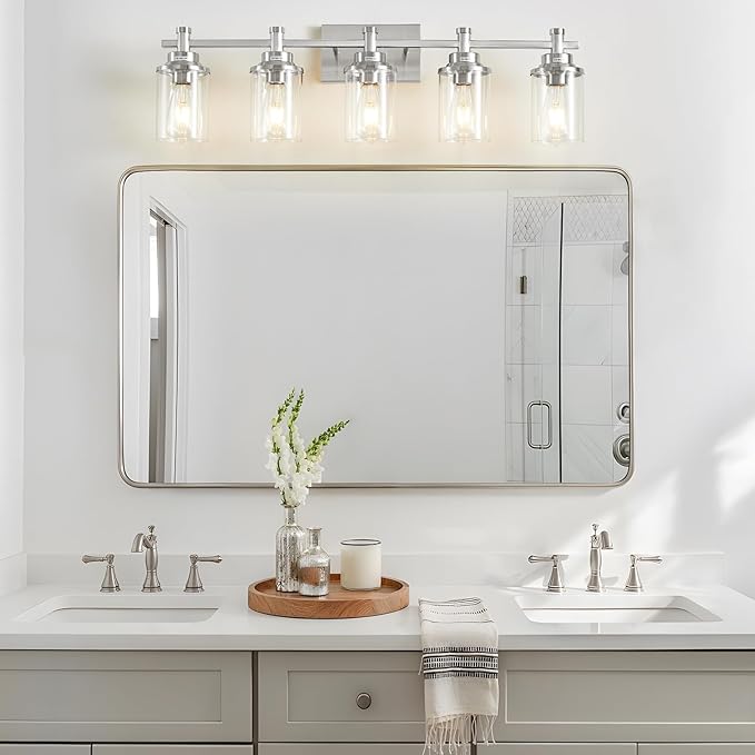 5 Lights Bathroom Light Fixtures, Brushed Nickel Vanity Light with Clear Glass Shade,Modern Wall Sconce for Mirror Bedroom Hallway Farmhouse Kitchen