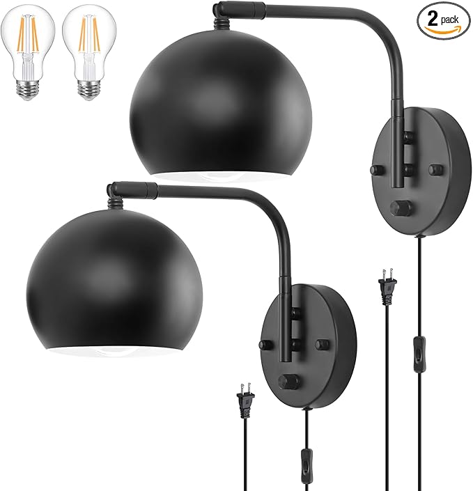 VATONI Dimmable Wall Sconces Set of 2, Plug in Wall Sconces Swing Arm Wall Lights with Plug in Cord and Dimmer On/Off Knob Switch, Black Globe Wall Light for Bedside Bedroom Bathroom(2 Bulbs Included)
