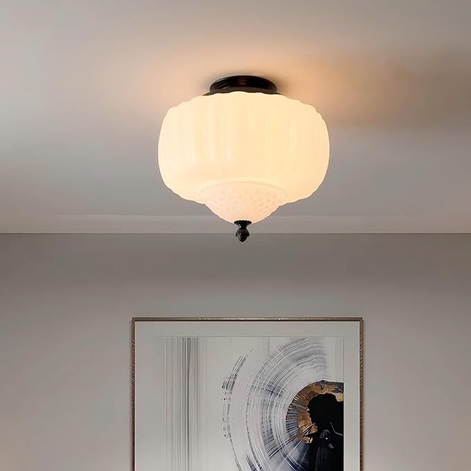 LIGHTLAND Milk Glass Ceiling Light, 13.8 Inch Mid Century Semi Flush Mount Ceiling Light Fixture, Vintage Chandelier for Bedroom, Living Room, Dining Room, Hallway (Style A, White)