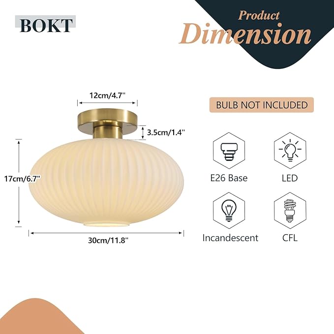 BOKT Mid Century Modern Ceiling Light Fixture Milk White Ribbed Glass Ceiling Light Nursery Close to Ceiling Stairway Gold Semi Flush Mount Ceiling Lamp 11.8"