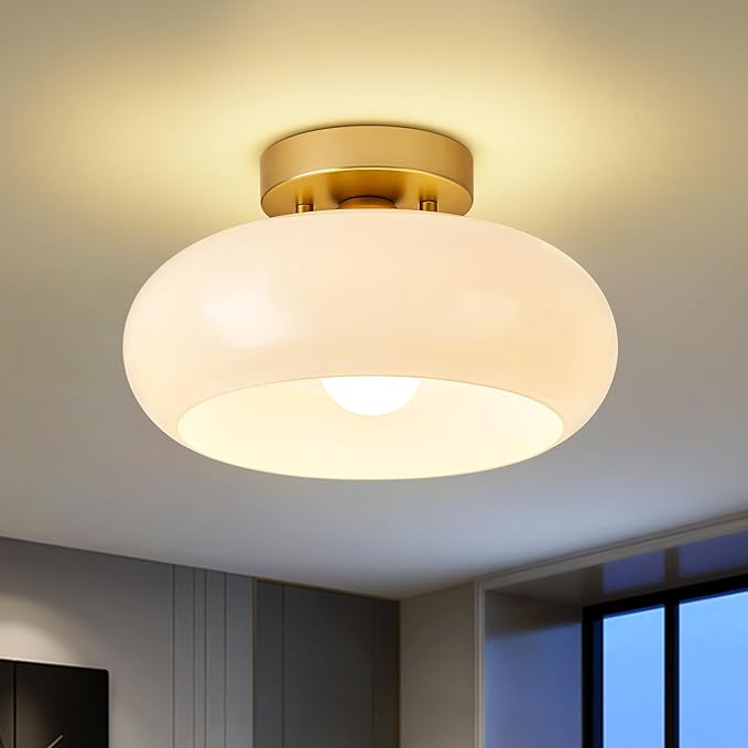 Mid-Century Modern Gold Semi Flush Mount Ceiling Light,White Glass Dome Hallway Lighting Fixtures, Metal Close to Ceiling Lamp for Entryway Bathroom Kitchen Bedroom Porch Foyer Office(11 Inch)