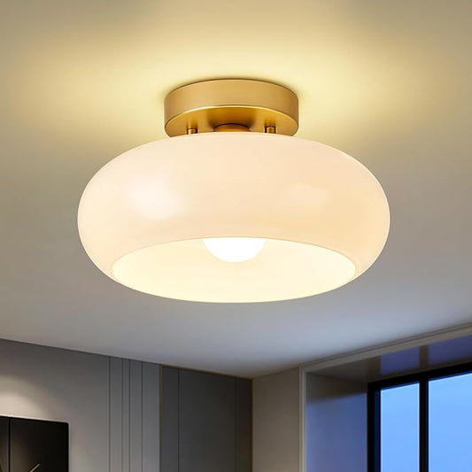 Mid-Century Modern Gold Semi Flush Mount Ceiling Light,White Glass Dome Hallway Lighting Fixtures, Metal Close to Ceiling Lamp for Entryway Bathroom Kitchen Bedroom Porch Foyer Office(11 Inch)