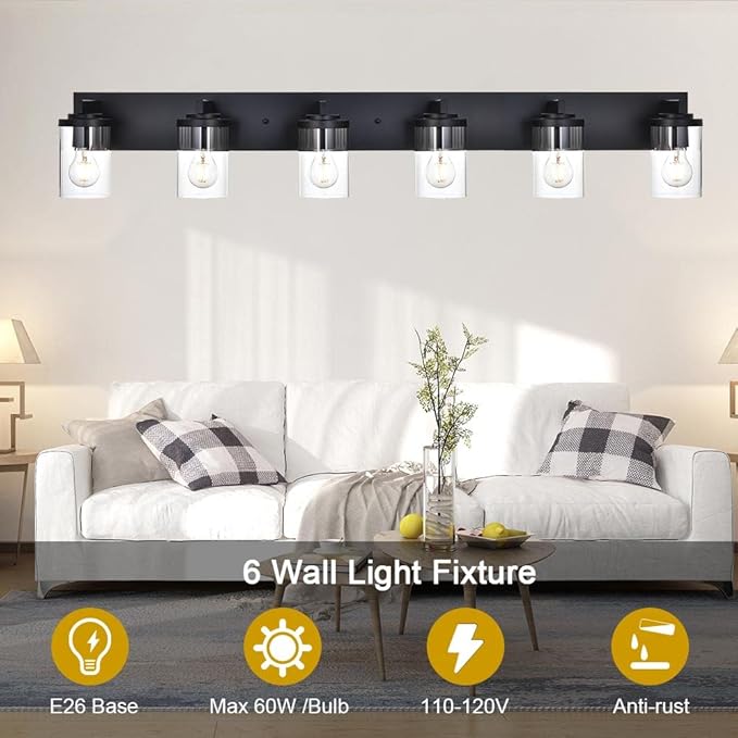 BONLICHT Black Vanity Light Glass Wall Sconce 6 Light Farmhouse Bathroom Light Fixture Over Mirror,Industrial Vintage Bath Lighting Interior Wall Lights Modern Wall Lamp for Dining Room Kitchen Office