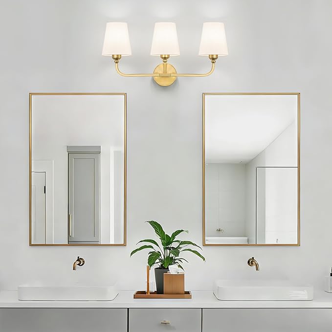 Bathroom Vanity Light, Brushed Gold Bathroom Light Fixtures, 3-Light Lighting Fixtures Over Mirror, Modern Wall Sconce with Flared White Fabric Shade, E26 Socket(ETL Listed)
