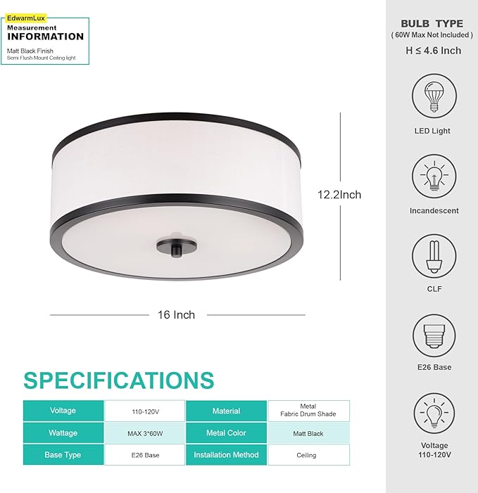 3-Light Flush Mount Ceiling Light Fixture, 12.6 " Drum Light with White Fabric Shade, Modern Close to Ceiling Light for Living Room Bedroom Dining Room Kitchen Hallway Entry (Matt Black)