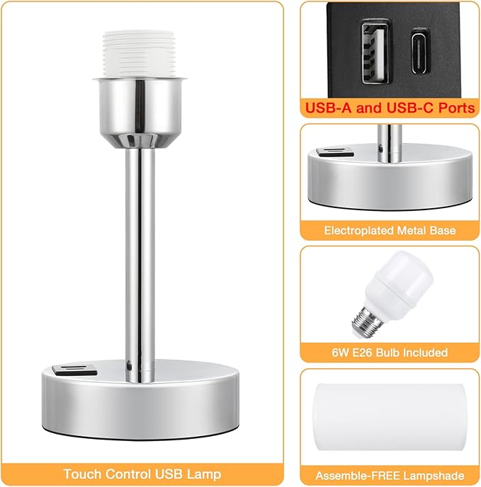Dicoool White Bedside Touch Table Lamps for Bedroom Nightstand with USB-C USB-A Charging Ports White, 3 Way Dimmable Control Small Lamp Silver Base for Office, Living Room, Reading