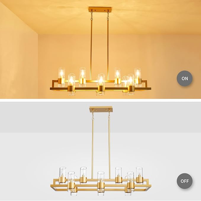 WUZUPS Island Rectangle Chandelier 10-Light with Clear Glass Industrial Modern Farmhouse Linear Light Fixture for Dining Room Kithen Island, Width 42.5" Height 10.4", Gold