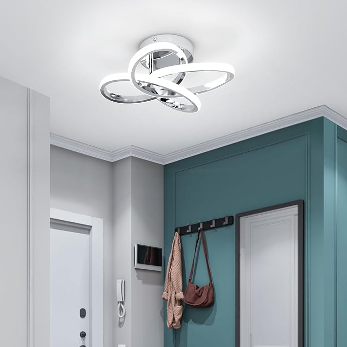 EIDISUNY Modern Led Ceiling Lights, 11.8in Chrome Curved Hallway Ceiling Lights Fixtures, 26W Flush Mount Ceiling Light for Bedroom Kitchen Bathroom Entryway Balcony Stair - Cold White Light 6000K