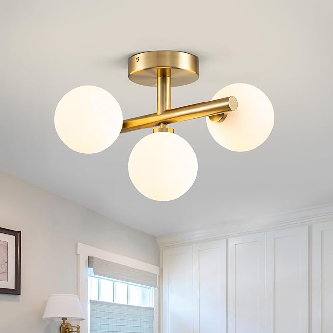 EDISLIVE 3-Light Semi Flush Mount Ceiling Light Frosted Globe, 13in Modern Brass Sputnik Light Fixture Chandeliers with Milk Glass Shade Gold Finished