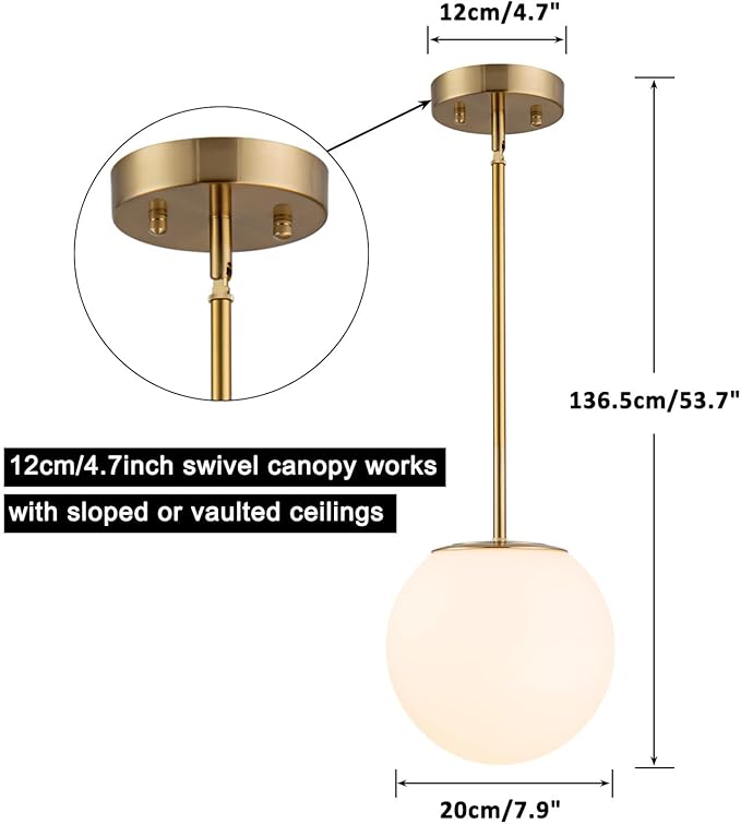 Modern Globe Pendant Light Mid Century Opal Glass Hanging Light Fixture Gold Finish, 3-Light Glass Pendant Lighting for Kitchen Island Dining Room Bedroom Hallway and Bathroom…