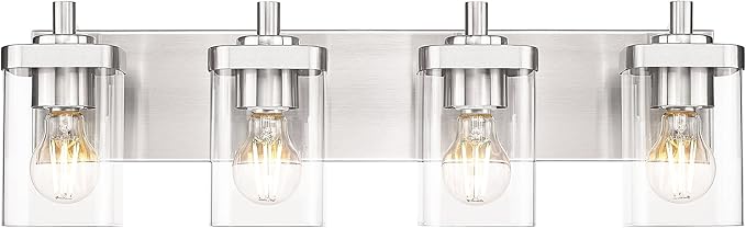 Bathroom Light Fixtures, 4-Light Vanity Light with Square Clear Glass Shade, 25" Brushed Nickel Modern Wall Sconces, Vanity Lighting Fixtures Over Mirror, VL194-BN-4