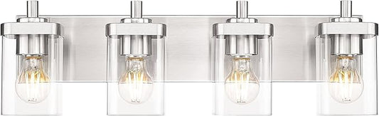 Bathroom Light Fixtures, 4-Light Vanity Light with Square Clear Glass Shade, 25" Brushed Nickel Modern Wall Sconces, Vanity Lighting Fixtures Over Mirror, VL194-BN-4