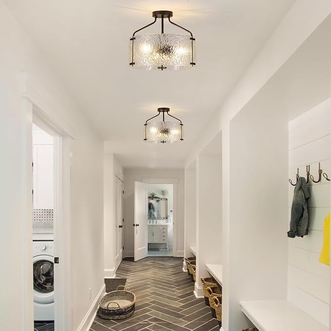 Semi Flush Mount Ceiling Light Fixture 16''Glass Chandelier Kitchen Lighting Fixtures Ceiling 3-Light Black Chandelier Hallway Light Fixture for Foyer Porch Bedroom Laundry Room